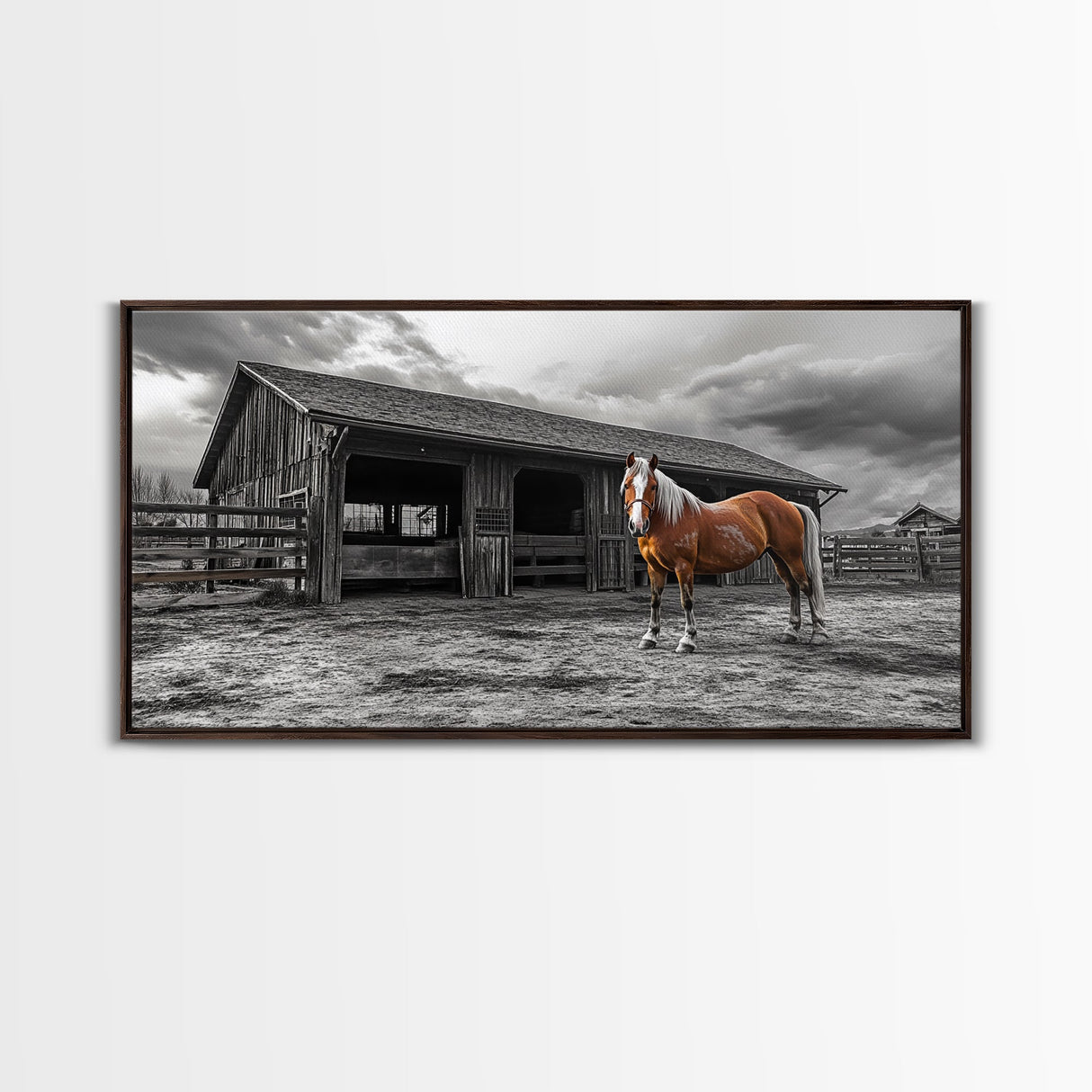Rustic Horse, Country Barn, Moody Sky, Farm Vibes, Framed Canvas Print, Western Decor, Farmhouse Wall Art, Living Room Accent, Fall Art