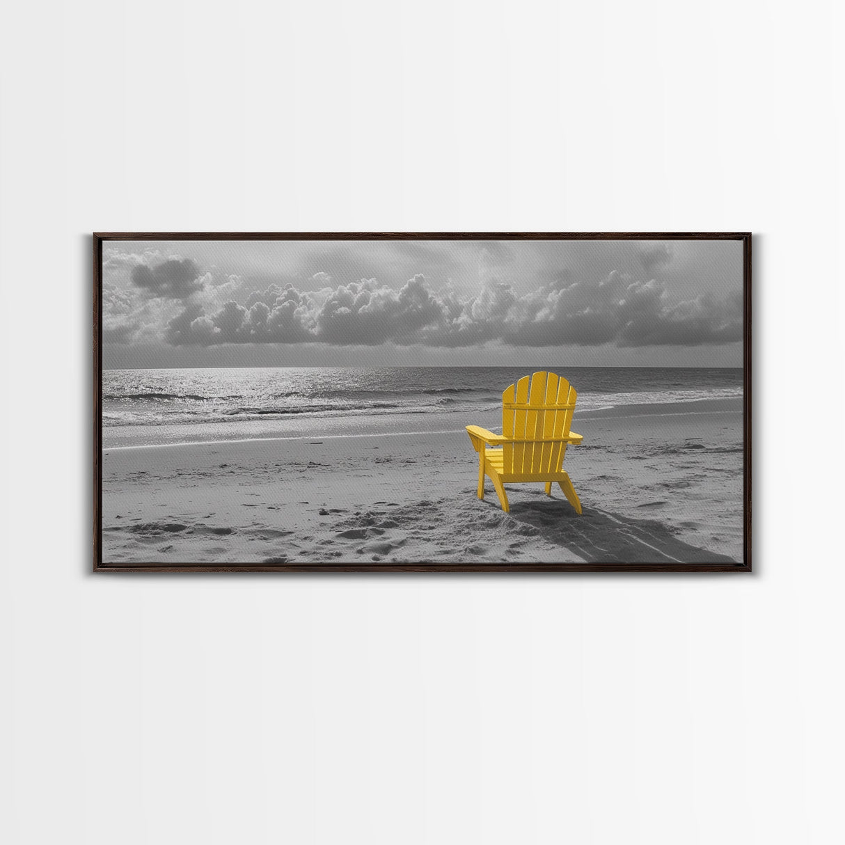 Yellow Chair, Tranquil Beach, Ocean Horizon, Canvas Print, Minimalist Beach Wall Art, Guest Room Decor, Calm Coastal Scene