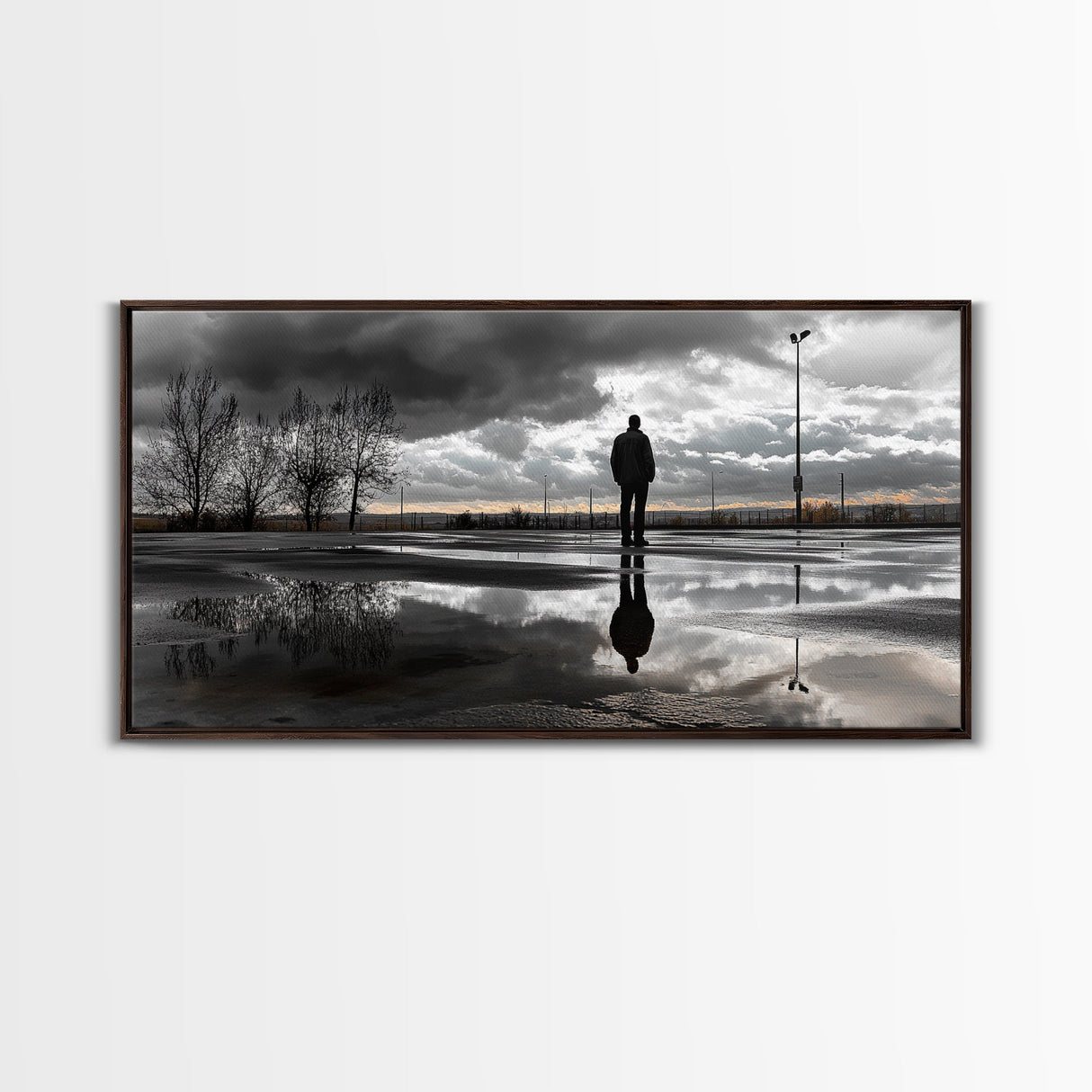 Solitude Reflection, Urban Mood, Moody Skies, Canvas Print, Modern Wall Art, Entryway Decor, Urban Photography, Minimalist Art, Rainy Day Art