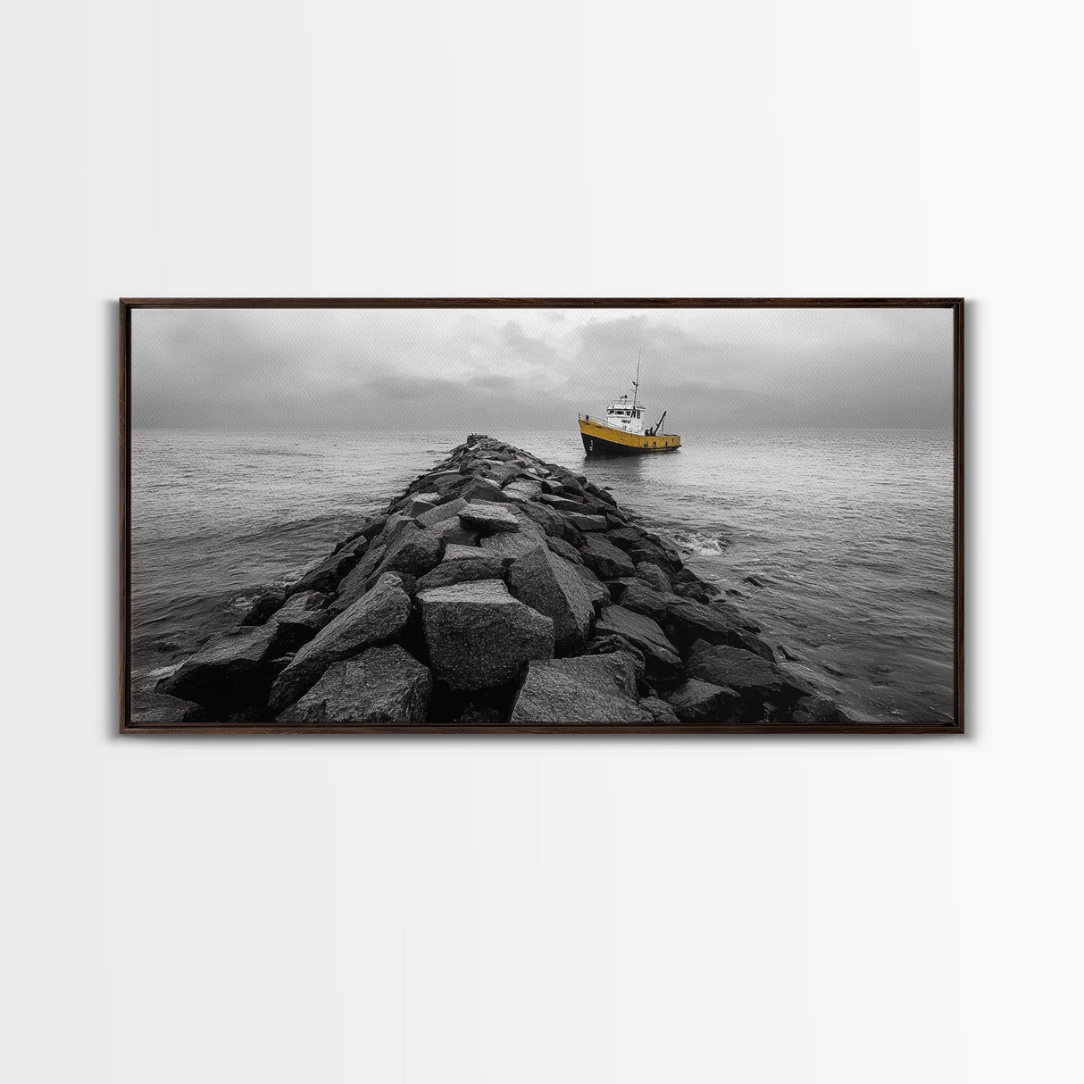 Ship At Sea, Yellow Boat, Ocean Journey, Nautical Photography, Canvas Print, Coastal Wall Art, Bathroom Decor, Minimalist Ocean Art