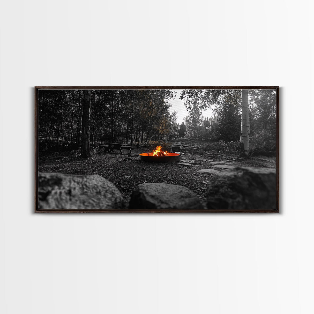 Forest Campfire, Glowing Flames, Outdoor Retreat, Cozy Autumn, Framed Canvas Print, Rustic Wall Decor, Fall Living Room Art, Nature Scene
