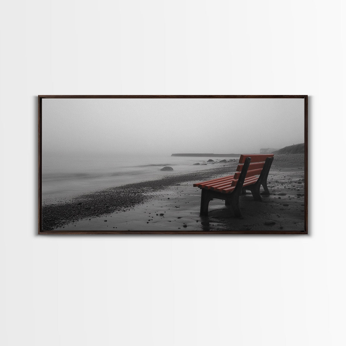 Red Bench Fog, Moody Coastal Morning, Framed Canvas Print, Minimalist Beach Wall Art, Modern Entryway Decor, Black and White Vibes
