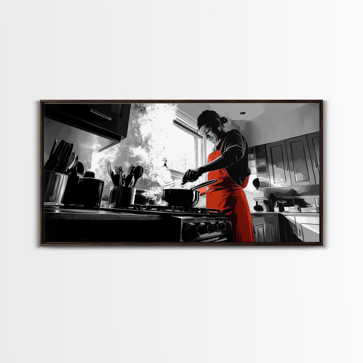 Bold Cooking Moment, Artistic Kitchen Scene, Red Apron Chef, Steam and Light, Framed Canvas Print, Kitchen Wall Art, Modern Pop Style