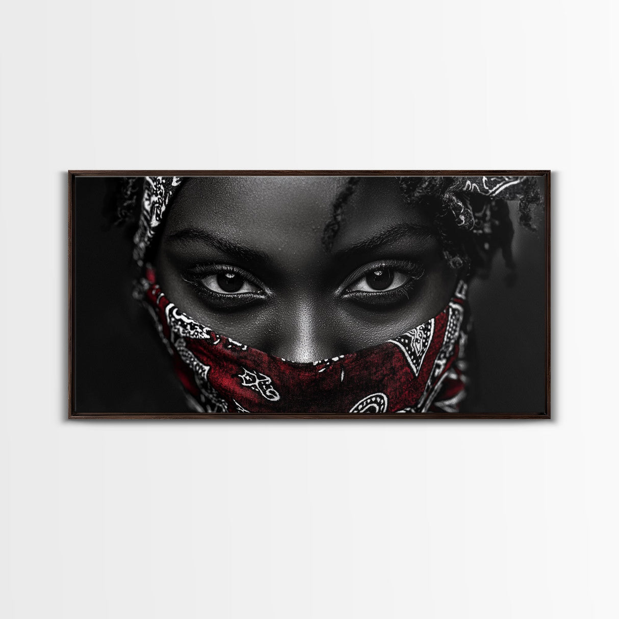 Fierce Eyes, Red Bandana, Bold Portrait, Afro Art, Framed Canvas Print, Bedroom Wall Art, Powerful Gaze, Monochrome With Red Accent