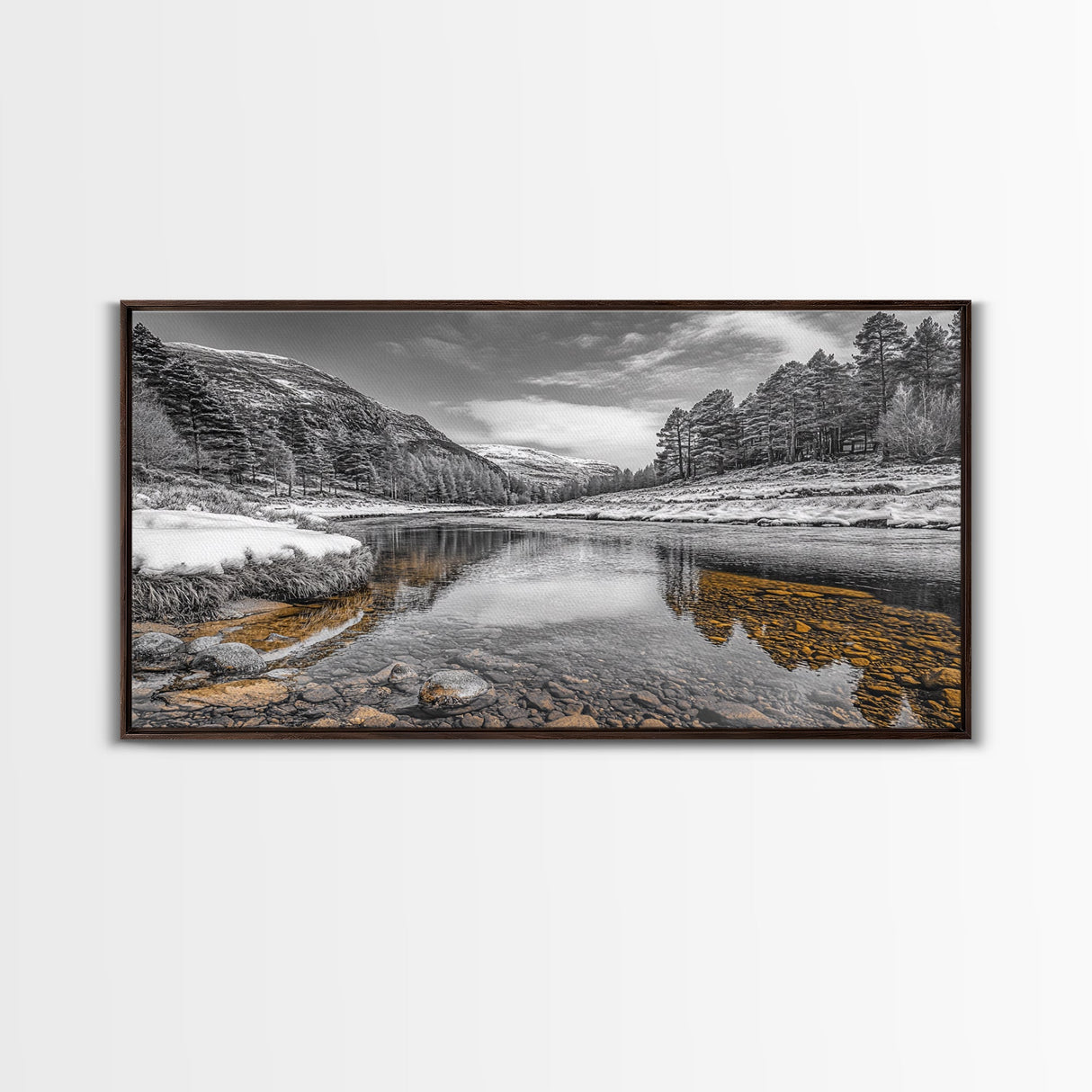 Snow River Scene, Winter Landscape, Peaceful Stream, Framed Canvas Print, Rustic Cabin Decor, Nature Wall Art, Minimalist Winter Aesthetic