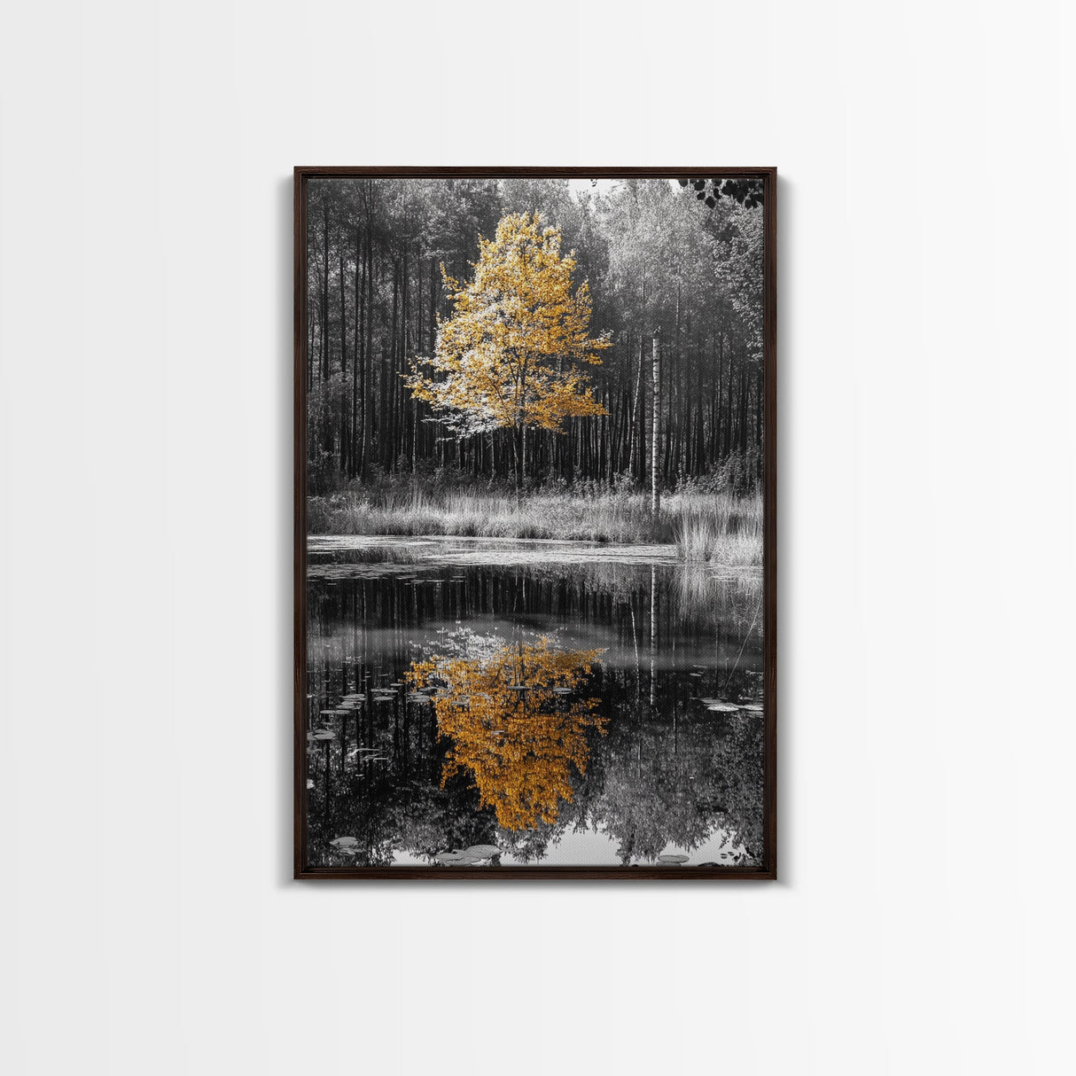 Golden Tree, Forest Reflection, Autumn Pond, Tranquil Waters, Canvas Print, Fall Nature Wall Art, Zen Bathroom Decor, Minimalist Art