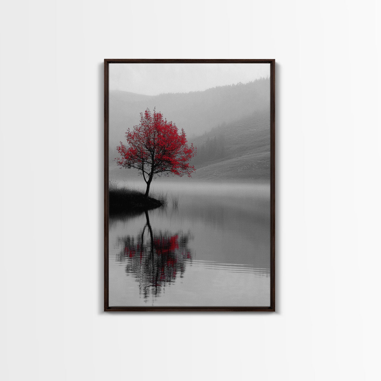 Red Tree, Foggy Lake, Peaceful Landscape Scene, Framed Canvas Print, Autumn Nature Wall Art, Minimalist Fall Decor, Moody Aesthetic