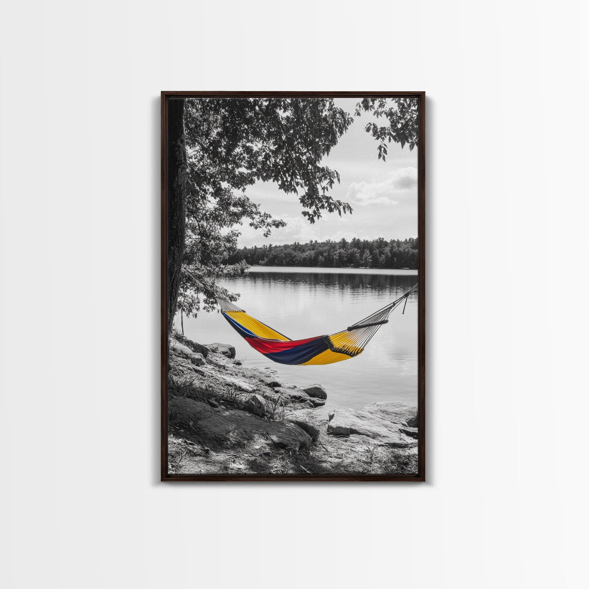 Hammock Lake Scene, Peaceful Nature Art, Fall Outdoors, Relaxed Escape, Framed Canvas Print, boho decor, bedroom art, cozy wall print