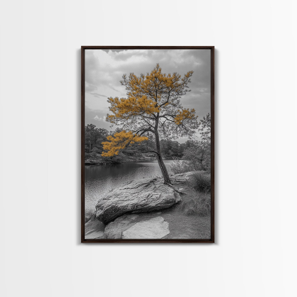Golden Tree View, Nature Serenity, Fall Lake Art, Peaceful Pine, Framed Canvas Print, living room wall art, minimalist landscape print