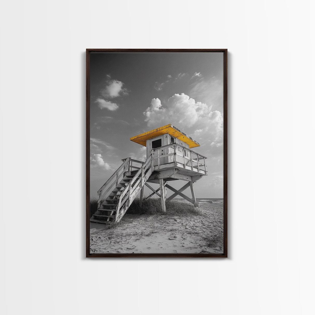 Lifeguard Tower Yellow, Beach Escape, Summer Vibe Art, Ocean Watch Post, Framed Canvas Print, coastal home decor, beach house wall art