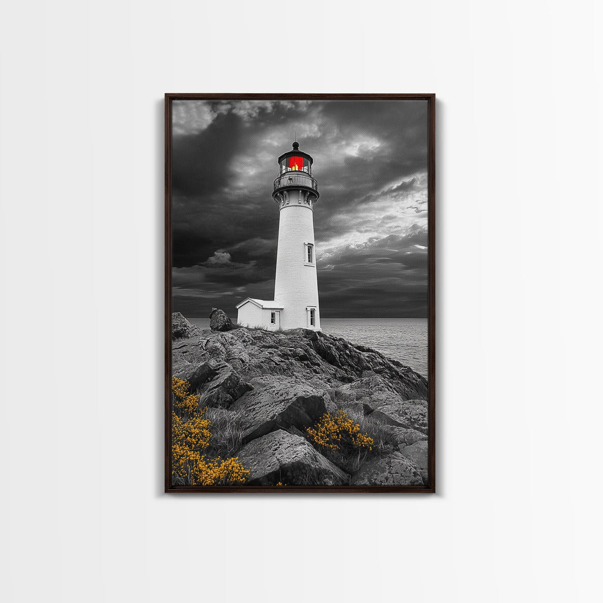 Red Beacon Lighthouse, Rocky Coast Light, Dramatic Storm Sky, Ocean Guide, Framed Canvas Print, nautical office wall art, bold coastal art