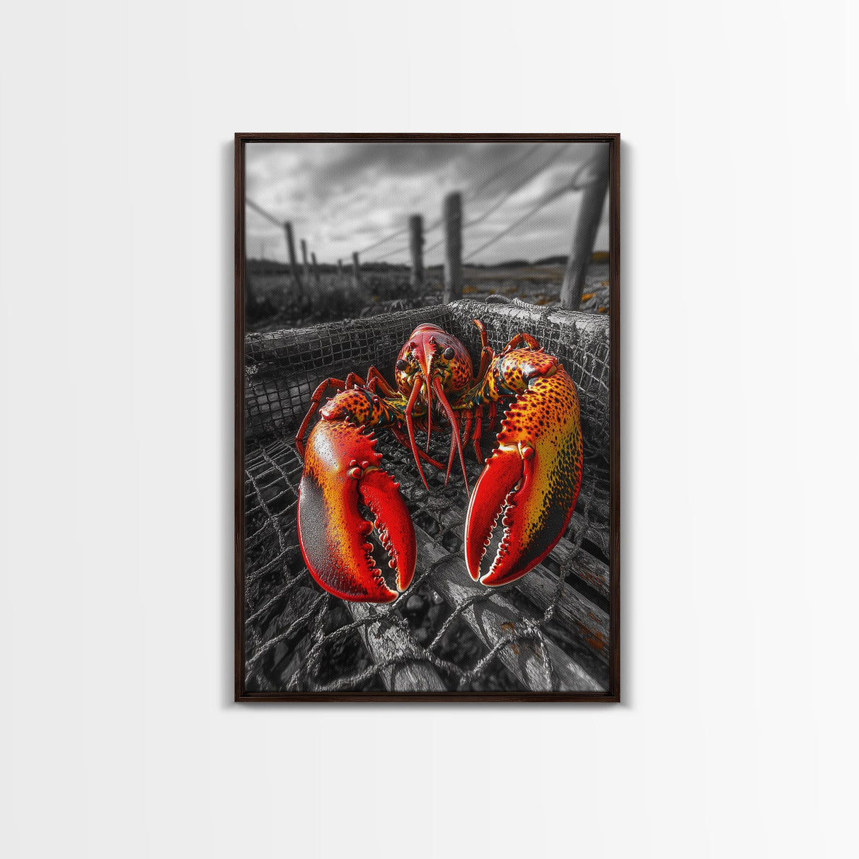 Lobster Trap, Coastal Catch, Bold Seafood, Nautical Framed Canvas Print, Kitchen Wall Art, Coastal New England Decor, Lobster Boho Art