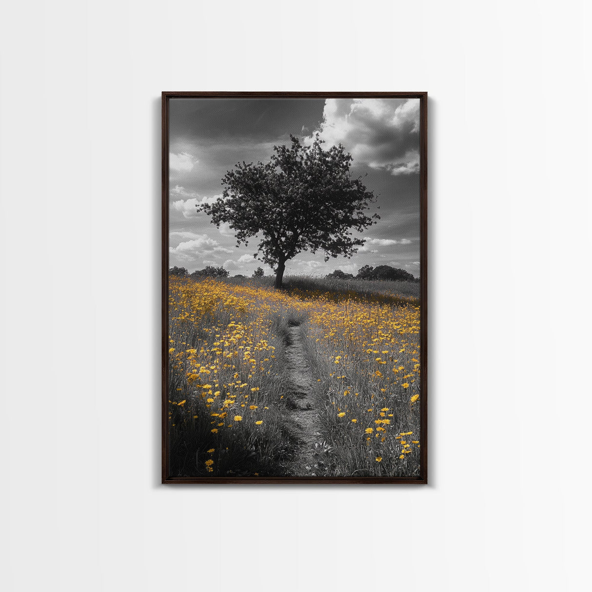 Yellow Meadow, Tree Path, Sunny Flowers, Autumn Framed Canvas Print, Field Landscape Wall Art, Nature Lover Decor, Boho Fall Vibes