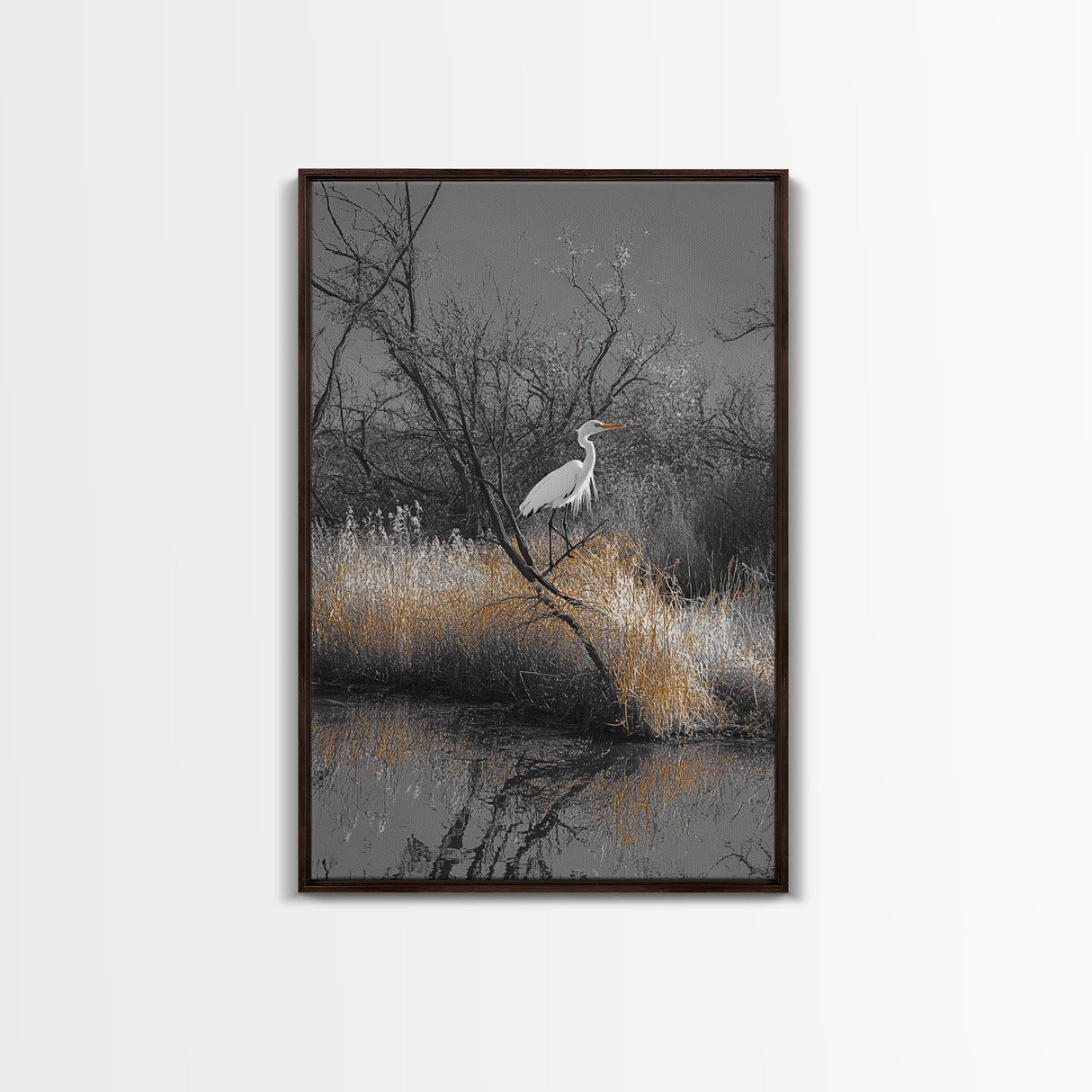 Egret Bird Scene, Autumn Riverbank, Wildlife Nature Print, Moody Wetland Landscape, Framed Canvas Print, Rustic Living Room Wall Art
