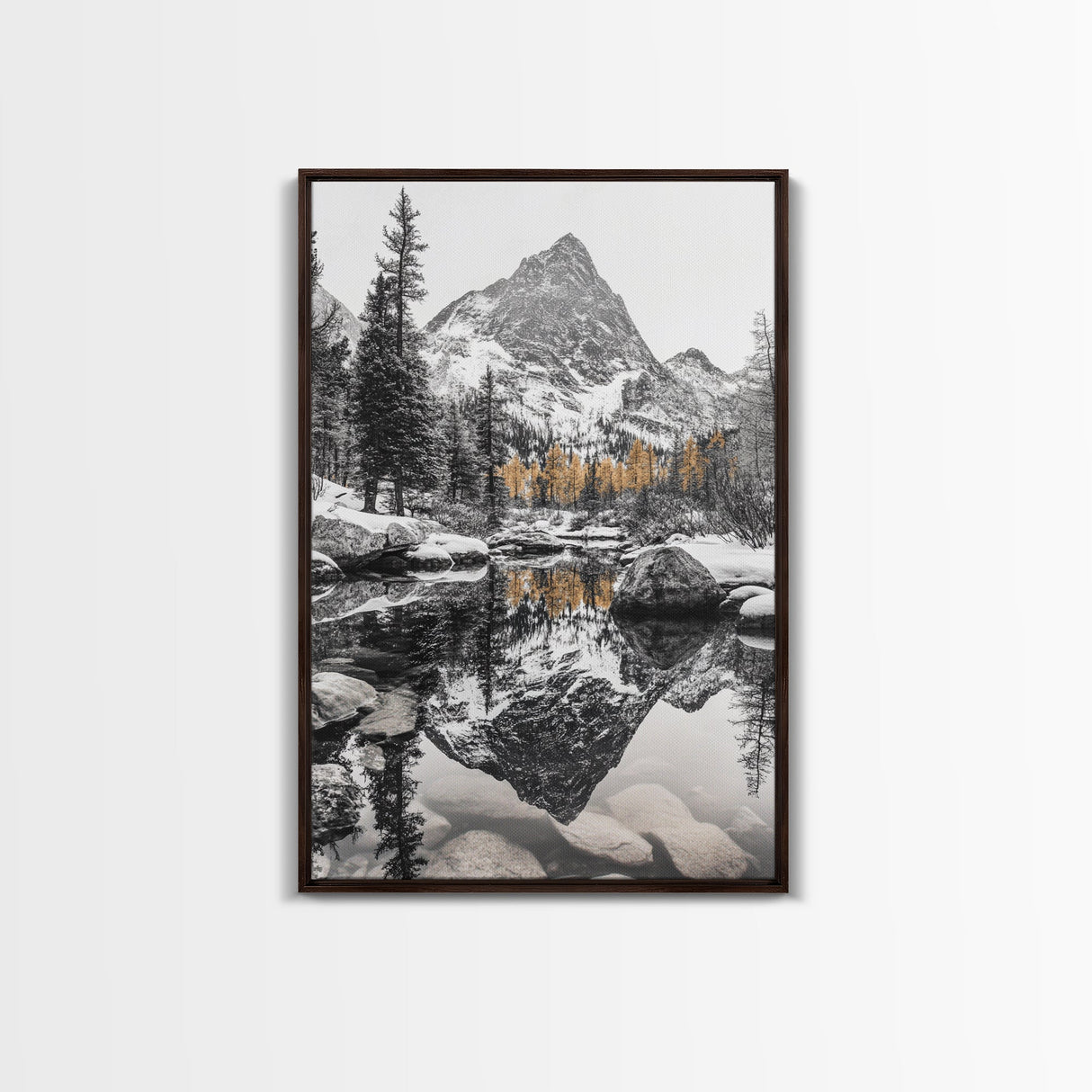Snow Reflection Forest, Autumn Trees, Serene Mountain River, Framed Canvas Print, Bedroom Wall Art, Peaceful Cabin Scene, Fall Art