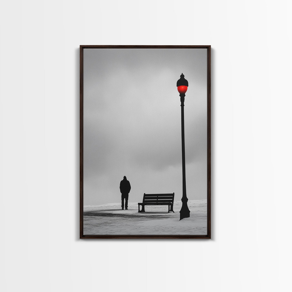 Red Street Lamp, Snowy Walkway, Silhouette Scene, Framed Canvas Print, Moody Wall Art, Minimalist Decor, Winter Vibes, Bedroom Accent