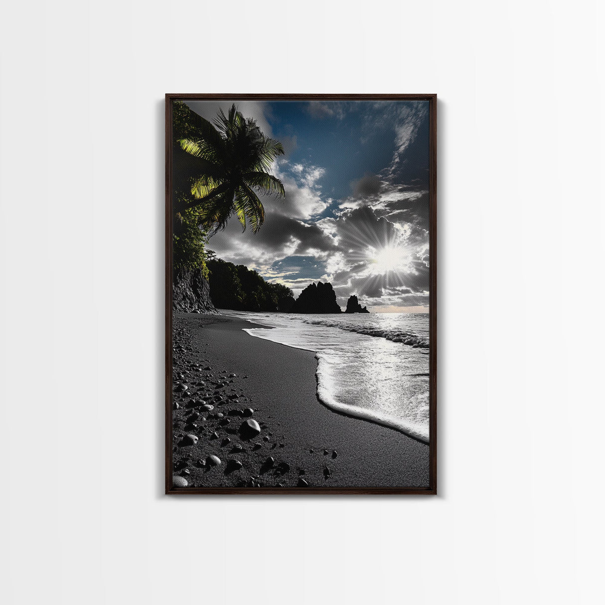 Sunset Beach, Rocky Coast, Dramatic Sky, Bold Light, Framed Canvas Print tropical sunset wall art, beach photography, bathroom decor
