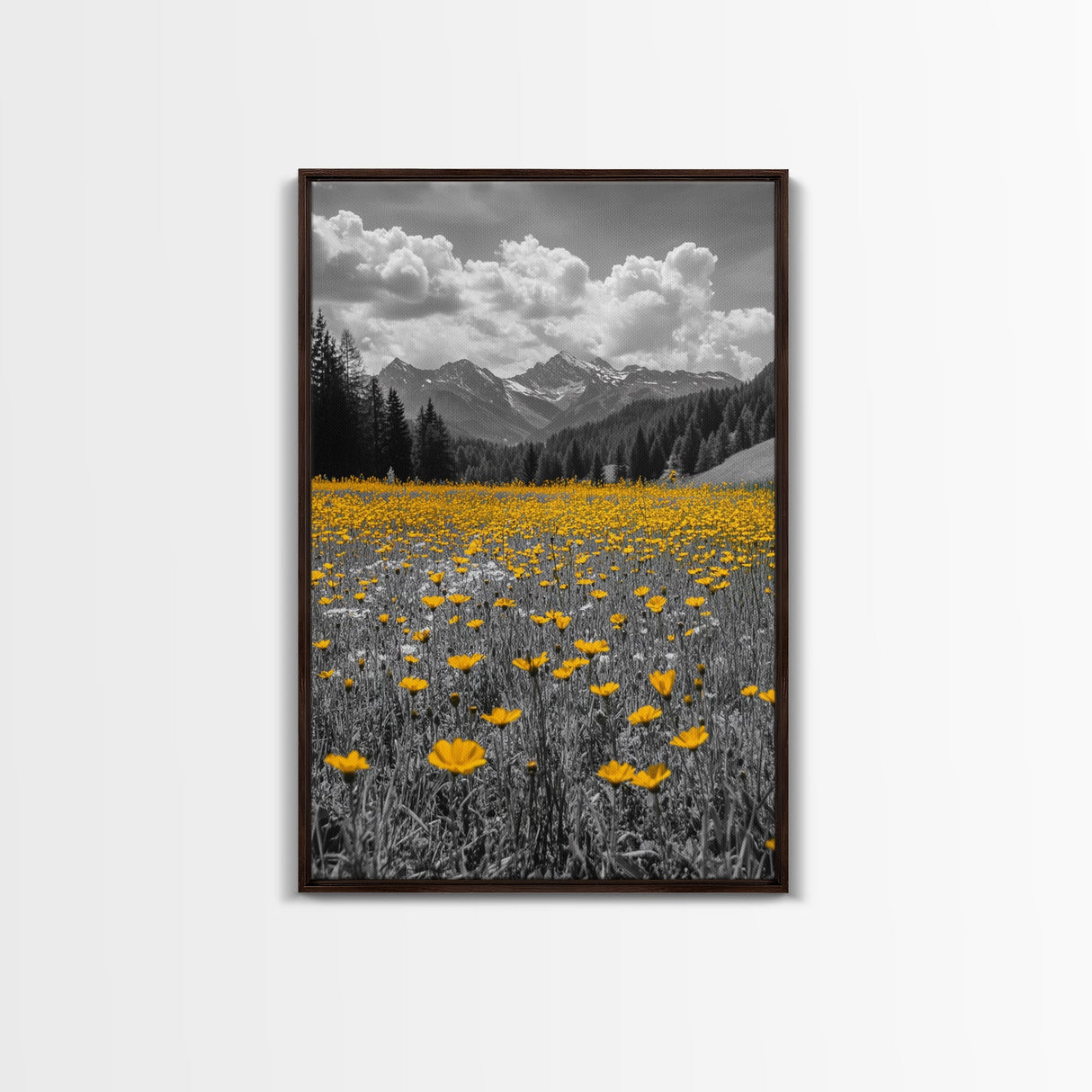 Yellow Wildflowers, Mountain Field, Blooming Meadow, Framed Canvas Print, Nature Photography, Rustic Decor, Dining Room Wall Art