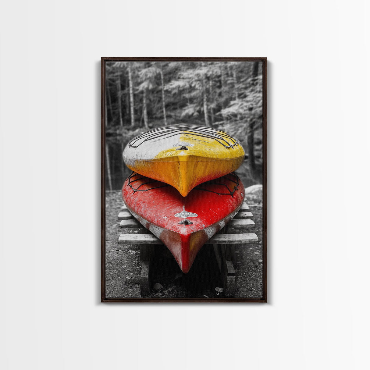 Stacked Kayaks, Red and Yellow, Forest Wall Art, Canvas Print, Adventure Photography, Outdoor Cabin Decor, Fall Travel Vibes
