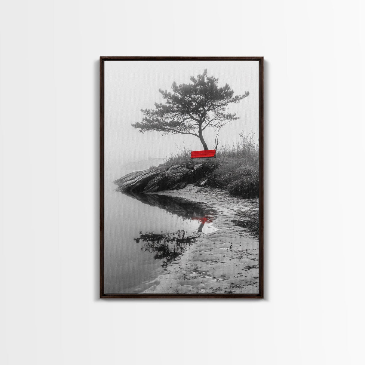 Red Bench, Misty Shore, Solitude Scene, Moody Fog Art, Framed Canvas Print, Minimalist Wall Art, Meditative Decor, Entryway Accent