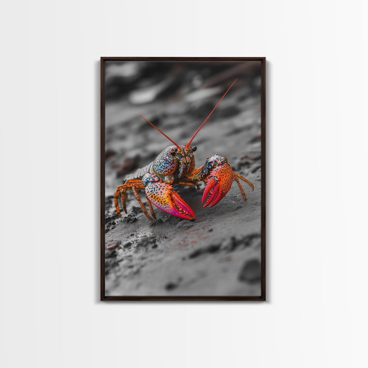 Colorful Lobster, Beach Wildlife, Close-Up Macro Art, Framed Canvas Print, Kitchen Wall Art, Coastal Marine Decor, Vibrant Style