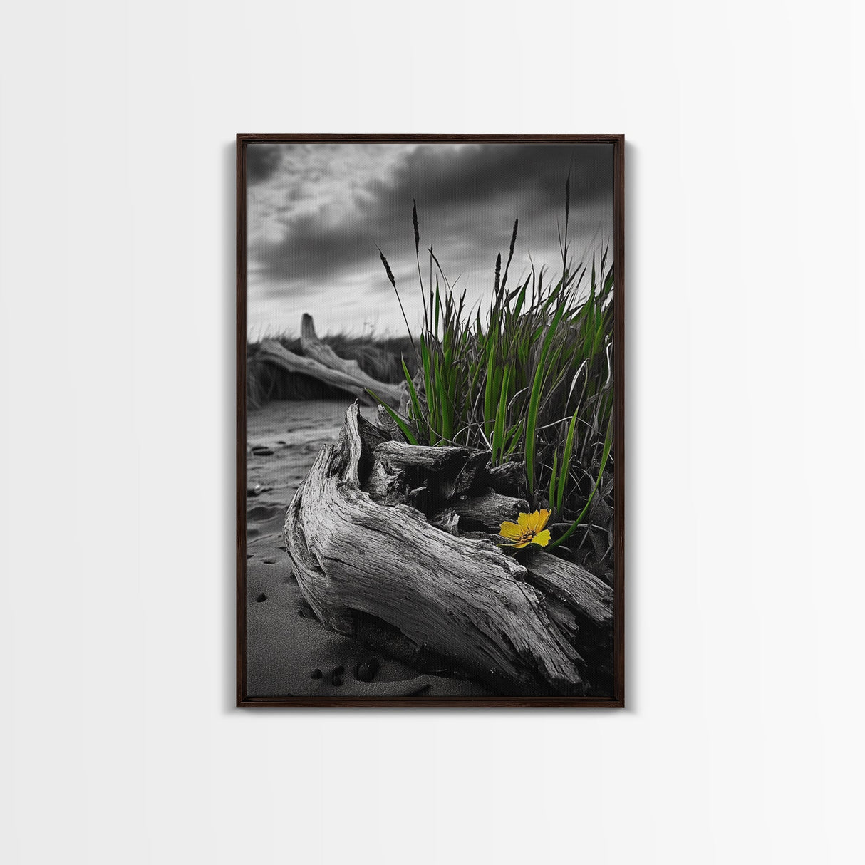 Wild Bloom, Yellow Flower, Driftwood and Grass, Moody Beach Scene, Framed Canvas Print, Autumn Wall Art, Nature Decor, Cozy Home Accent