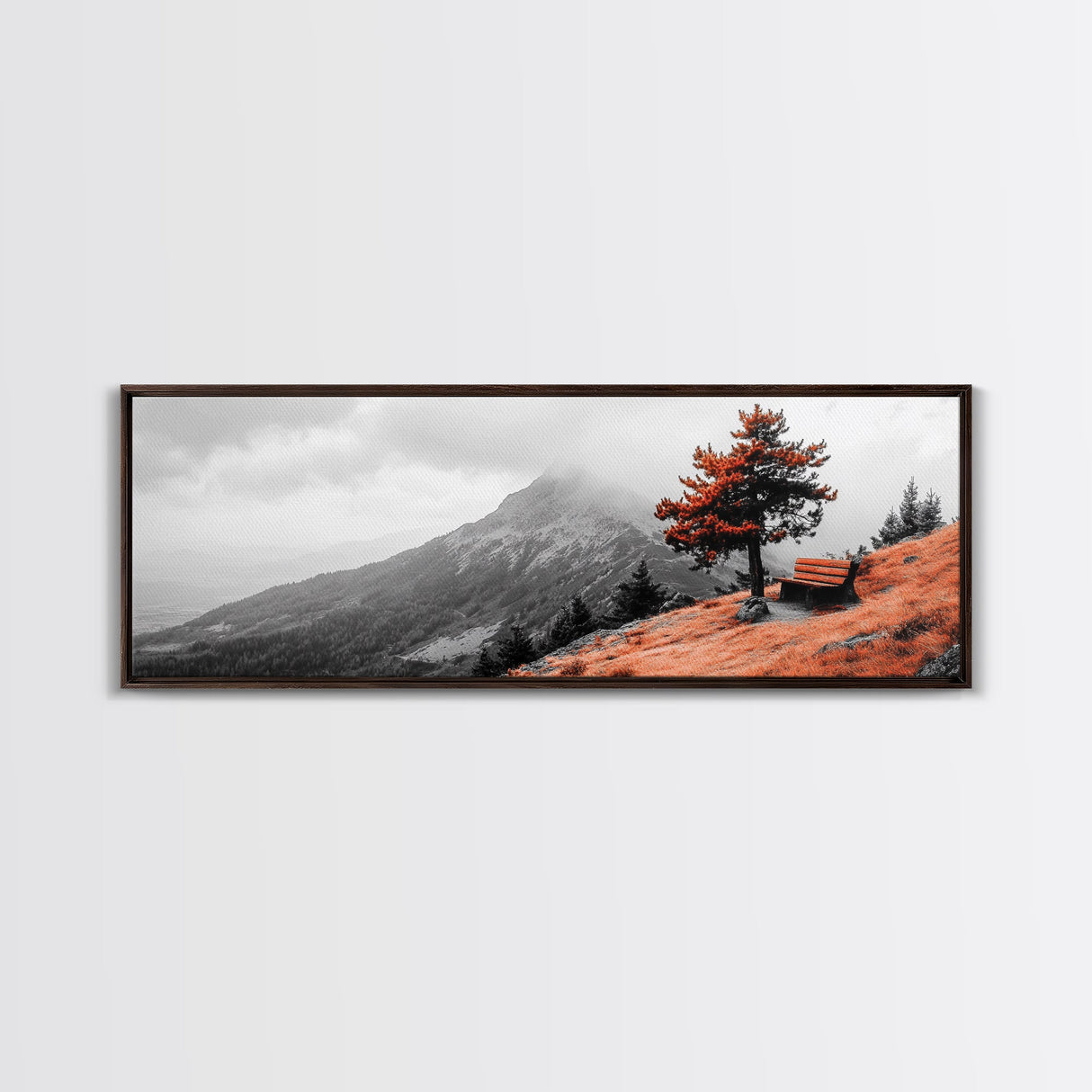 Scenic Bench, Autumn Hills, Serene Vista, Orange Tree — Framed Canvas Print, Minimalist Landscape Art, Fall Home Decor, Bedroom Wall Art