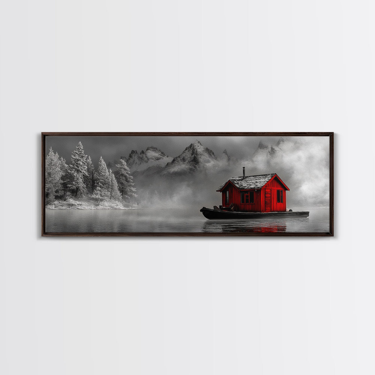 Red Cabin in Fog, Mountain Lake Boat House, Canvas Print, Winter Lodge Wall Art, Moody Nature Decor, Black and White Landscape Art