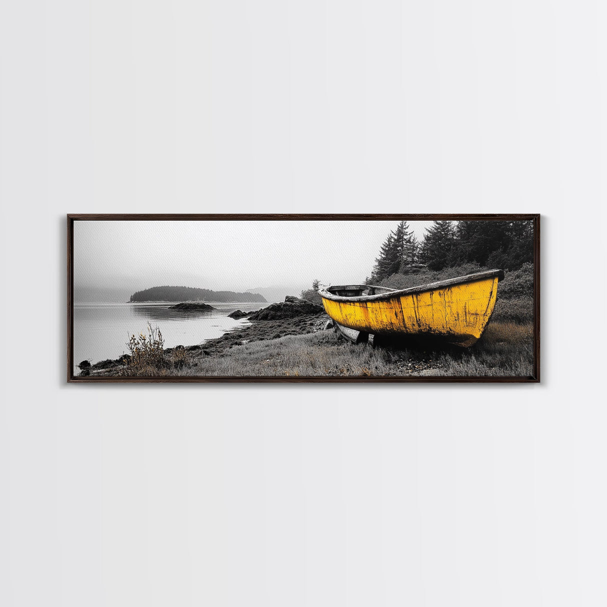 Yellow Rowboat Scene, Misty Coastal Landscape, Abandoned Boat Art, Framed Canvas Print, Rustic Nautical, Office Wall Art