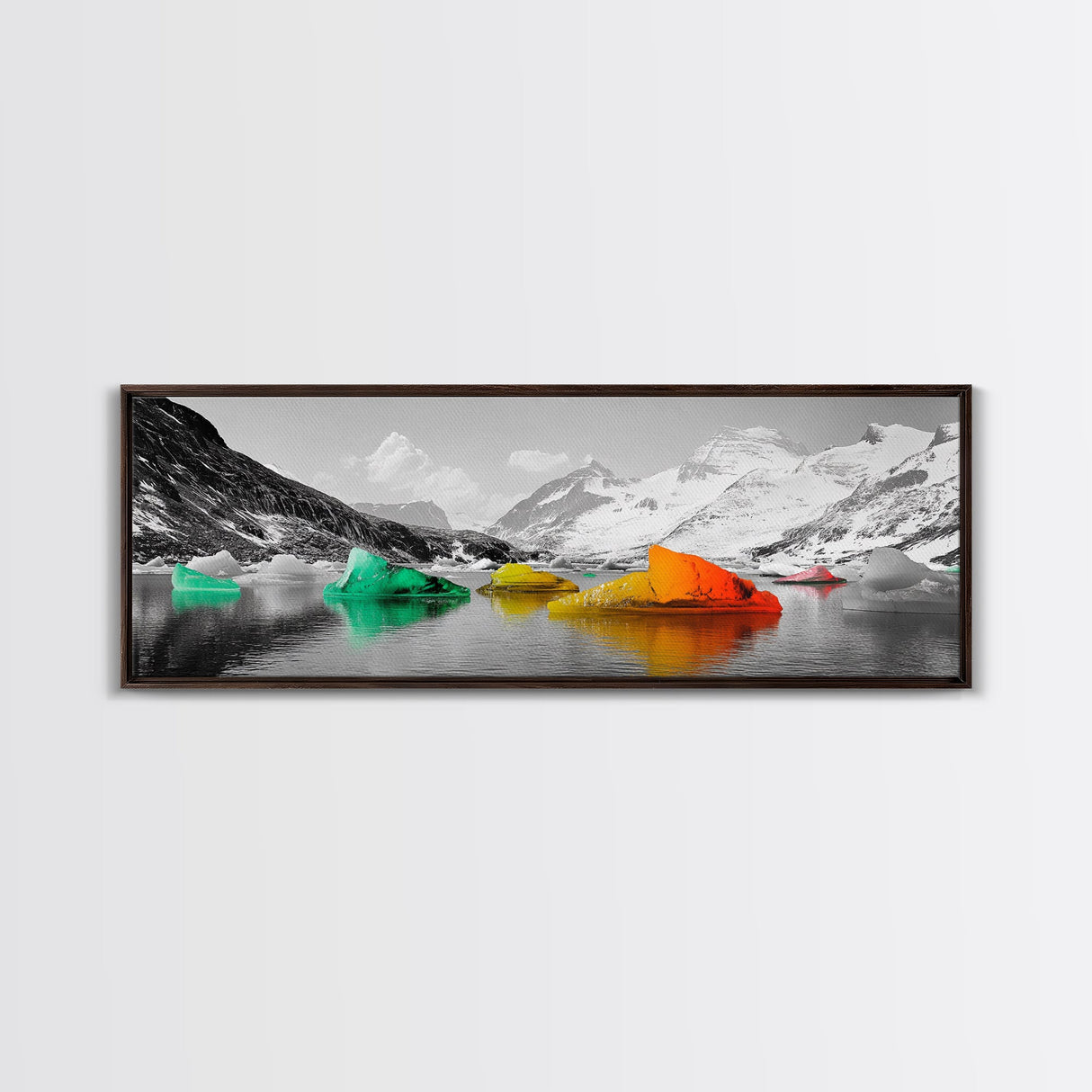Rainbow Icebergs, Arctic View, Frozen Sea, Vibrant Chill, Framed Canvas Print, Kids Room Art, Surreal Landscape, Winter Fantasy