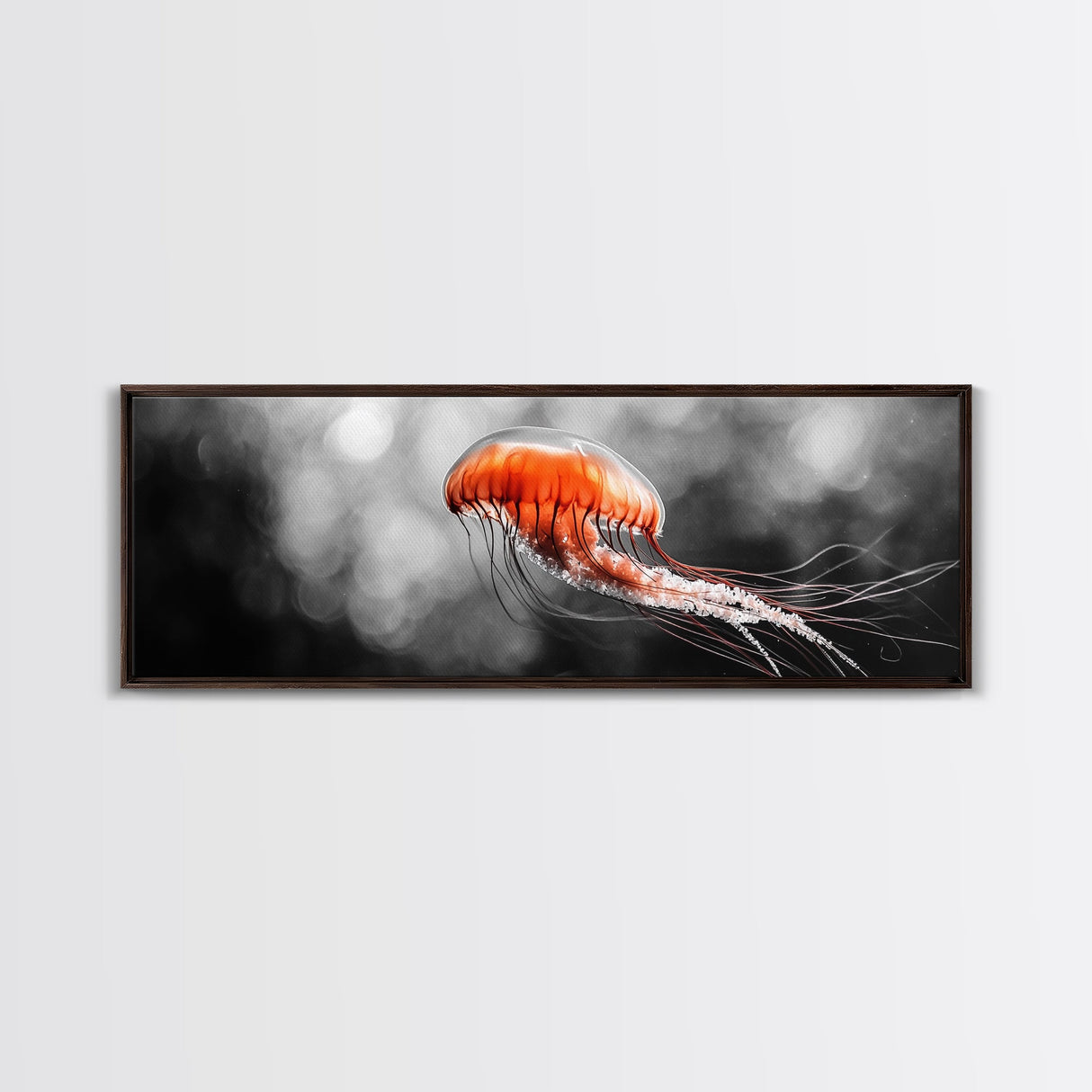 Jellyfish Glow, Ocean Depths, Abstract Sea Life, Framed Canvas Print, marine animal art, coastal bathroom decor, modern underwater wall art