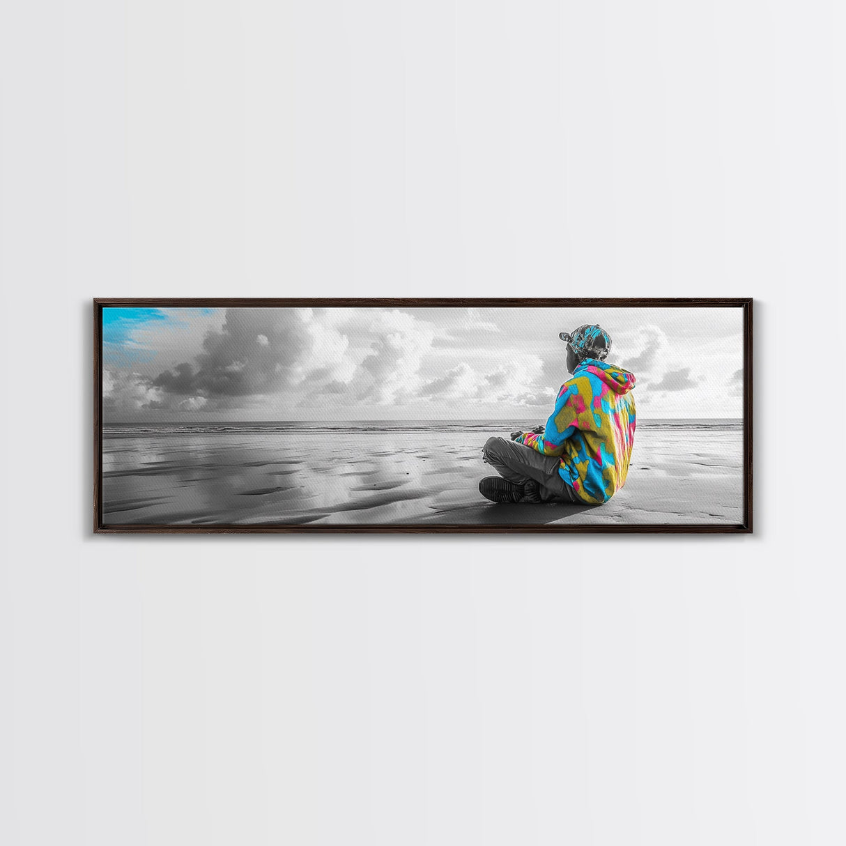 Colorful Hoodie, Peaceful Ocean, Reflective Moment, Street Style, Framed Canvas Print, Boho Wall Art, Teen Bedroom Decor