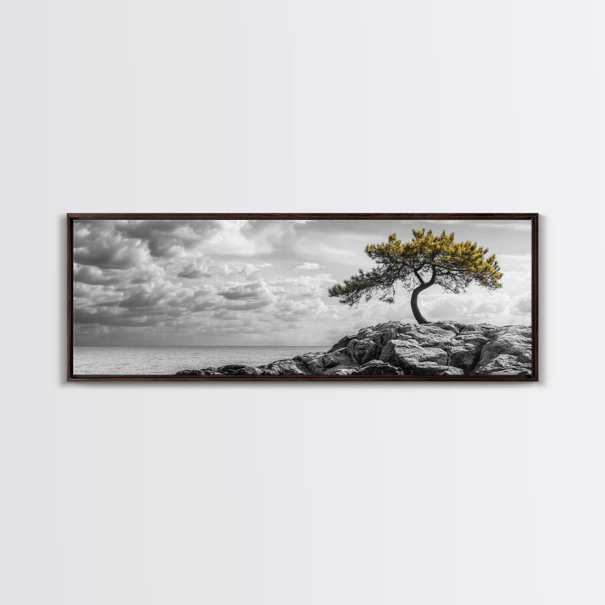 Lone Tree Cliff, Windy Ocean View, Golden Branches, Canvas Print, Moody Landscape Art, Neutral Tones, Office Wall Decor, Minimalist Style