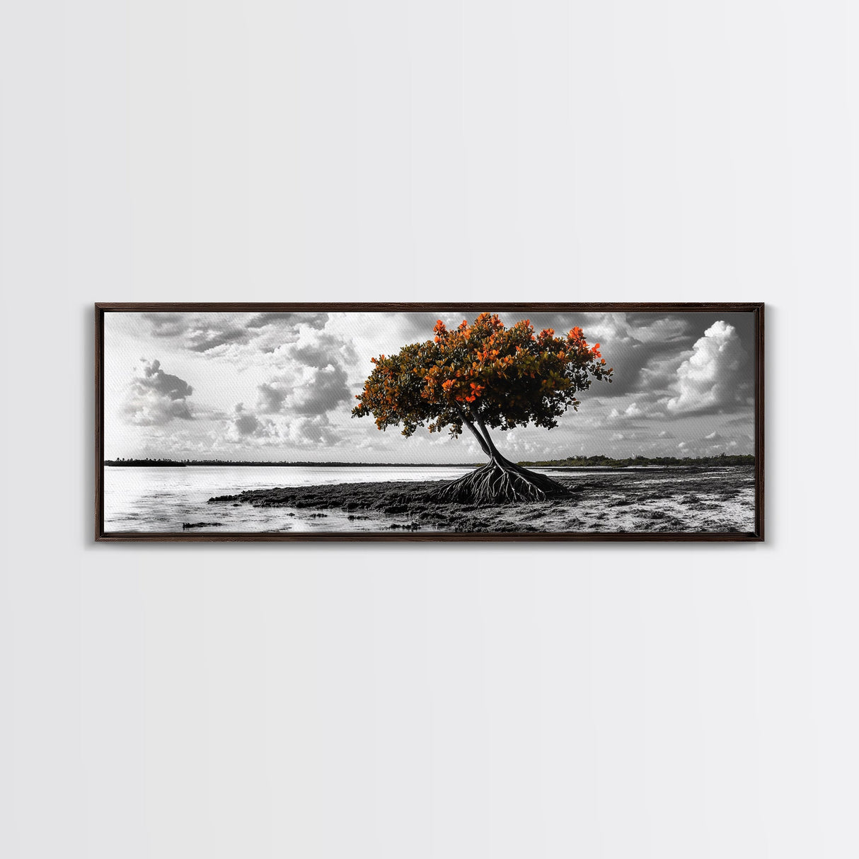 Mangrove Tree, Coastal Roots, Windswept Shore, Stormy Sky, Framed Canvas Print, Entryway Wall Art, Tropical Nature Art, Minimalist Style