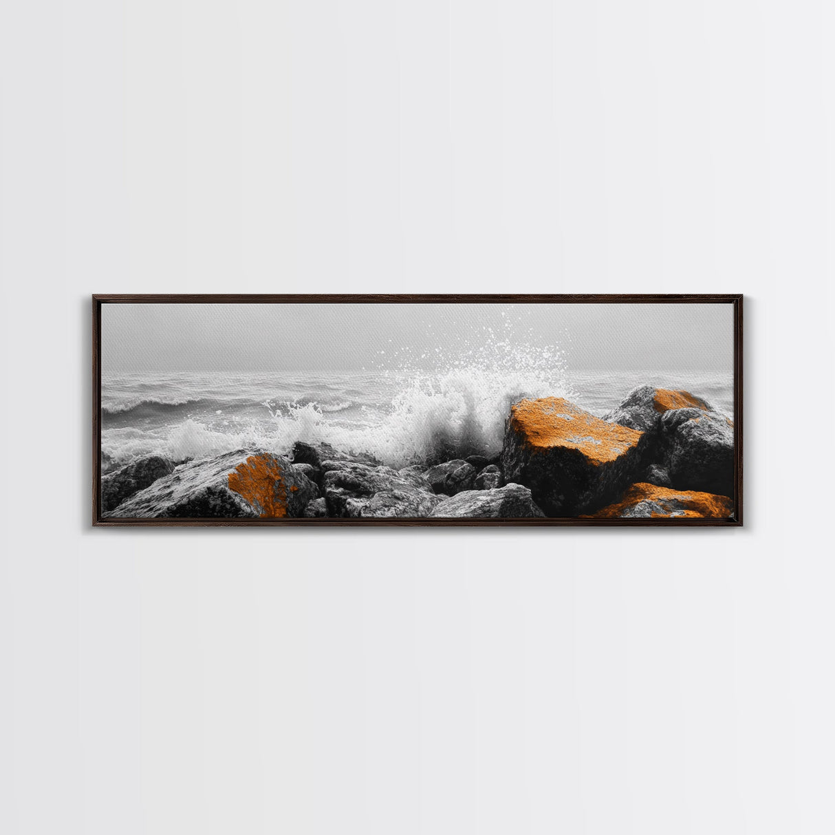 Orange Splash Rocks, Coastal Waves, Sea Spray Art, Canvas Print, Modern Beach Decor, Nature Wall Art, Bold Ocean Landscape