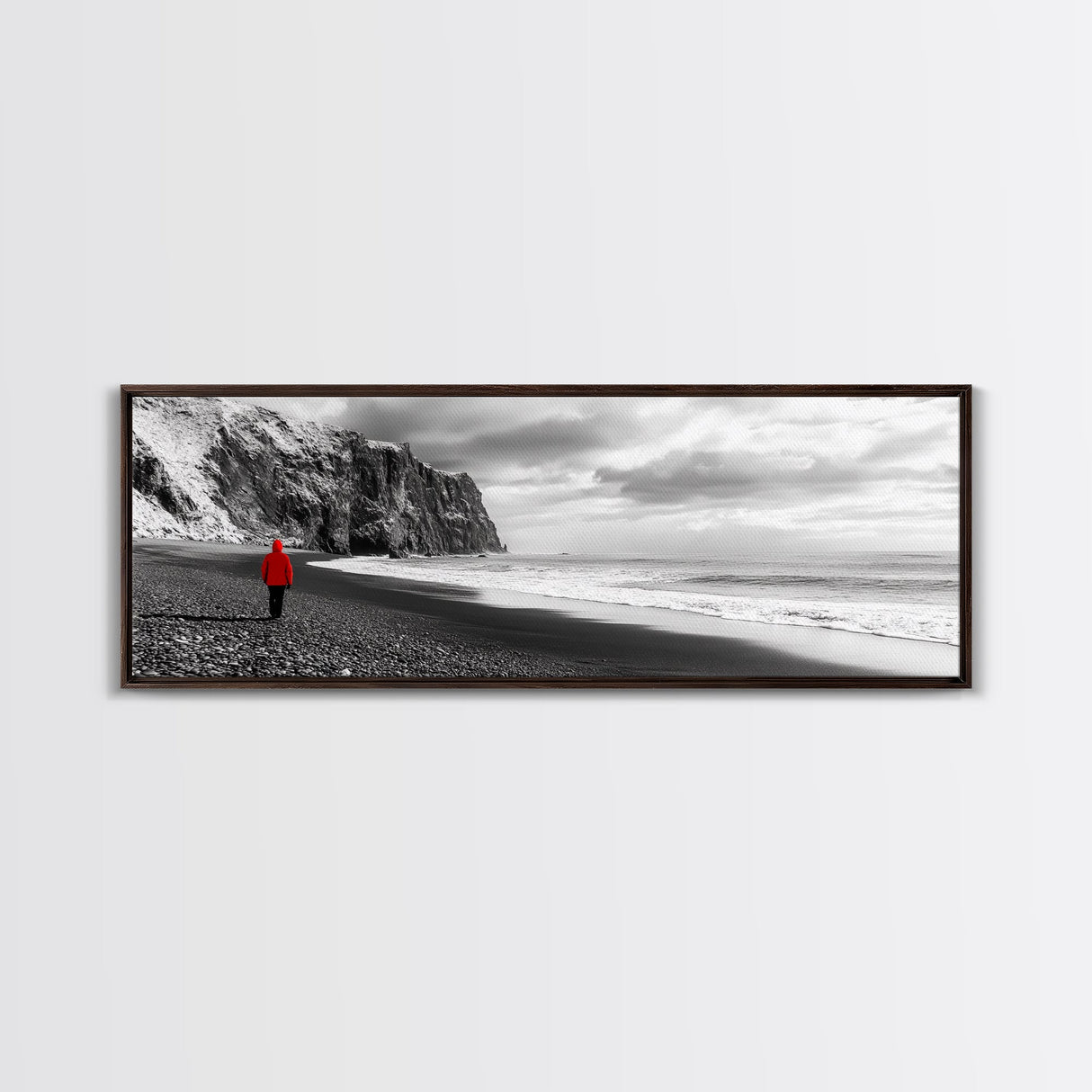 Red Jacket Wanderer, Moody Coastal Cliff Scene, Monochrome Photography, Framed Canvas Print, Modern Minimalist Office Wall Art