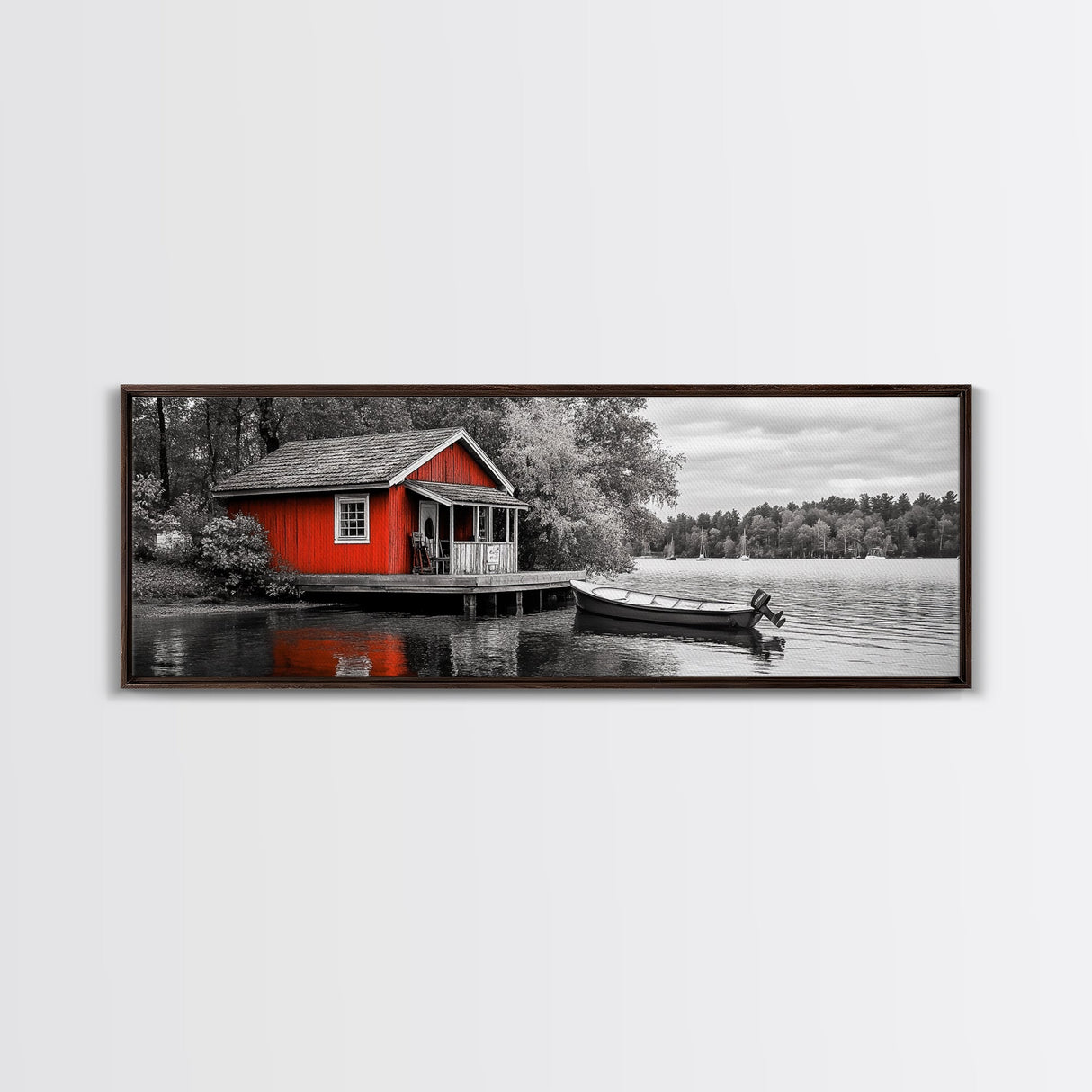 Lakeside Cabin Red, Boat House Retreat, Serene Waterfront, Autumn Color Pop, Canvas Print, Cozy Living Room Wall Art, Nature Home Decor
