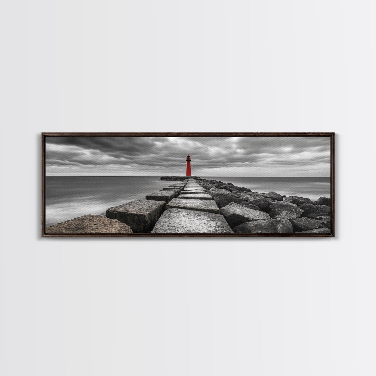 Red Lighthouse Coast, Seaside Rock Jetty, Stormy Sky Mood, Nautical Beacon View, Canvas Print, Bathroom Wall Art, Coastal Modern Decor
