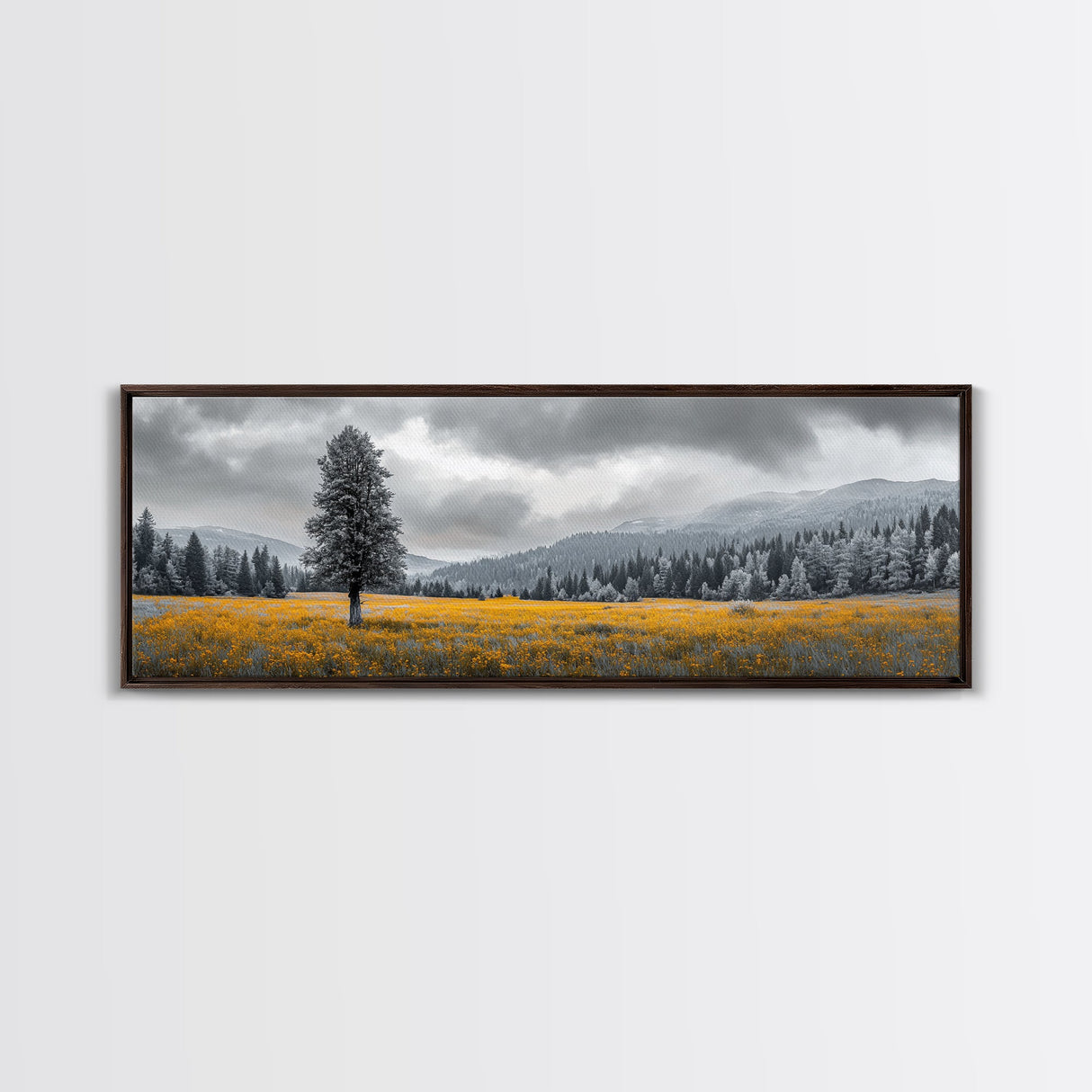 Lone Tree, Yellow Meadow, Autumn Landscape, Moody Forest, Framed Canvas Print, Nature Photography, Cabin Wall Art, Fall Home Decor