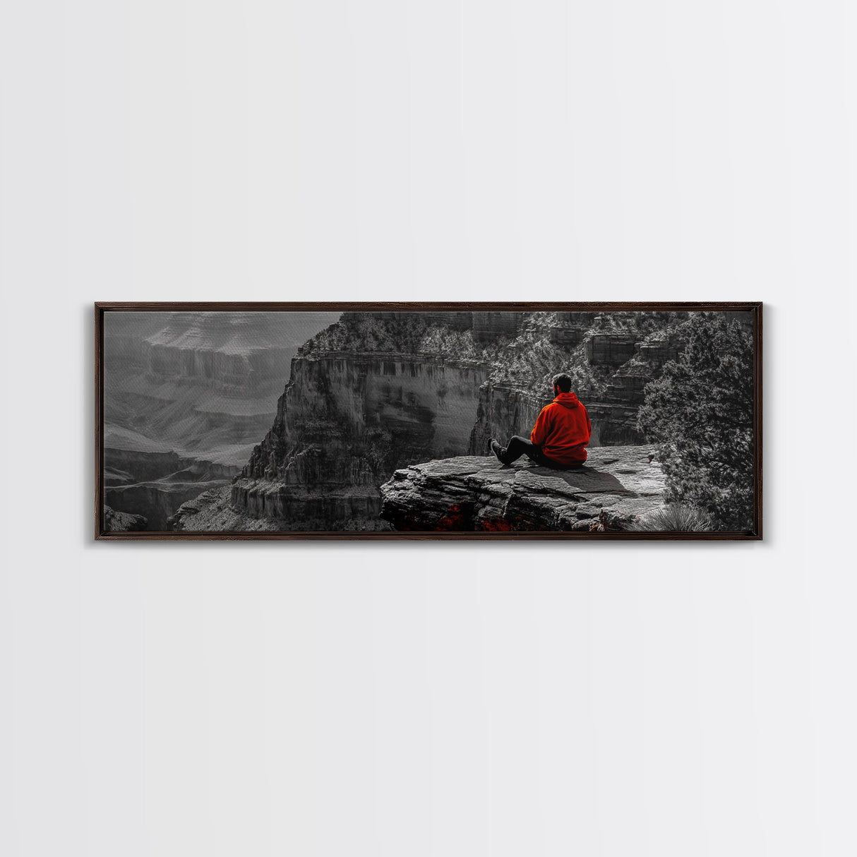 Grand Canyon, Meditation Art, Red Jacket, Adventure Scene, Framed Canvas Print, Hiking Wall Art, Man Cave Decor, Minimalist Landscape