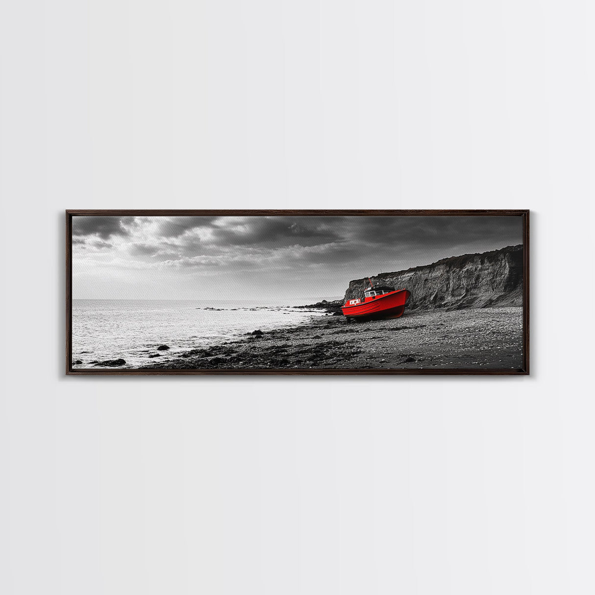 Red Boat, Rocky Shore, Dramatic Sky, Abandoned Vessel, Framed Canvas Print, Nautical Living Room Art, Moody Coastal Home Decor