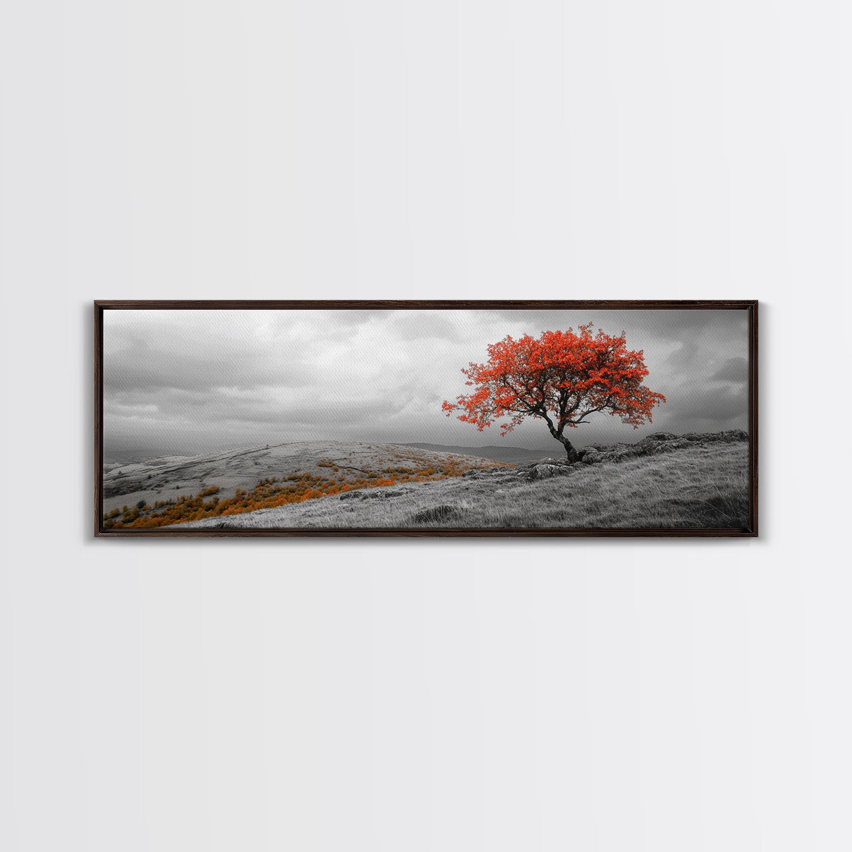 Red Tree, Hilltop Vista, Fall Landscape, Vibrant Nature, Framed Canvas Print, Autumn Wall Art, Living Room Nature Photography