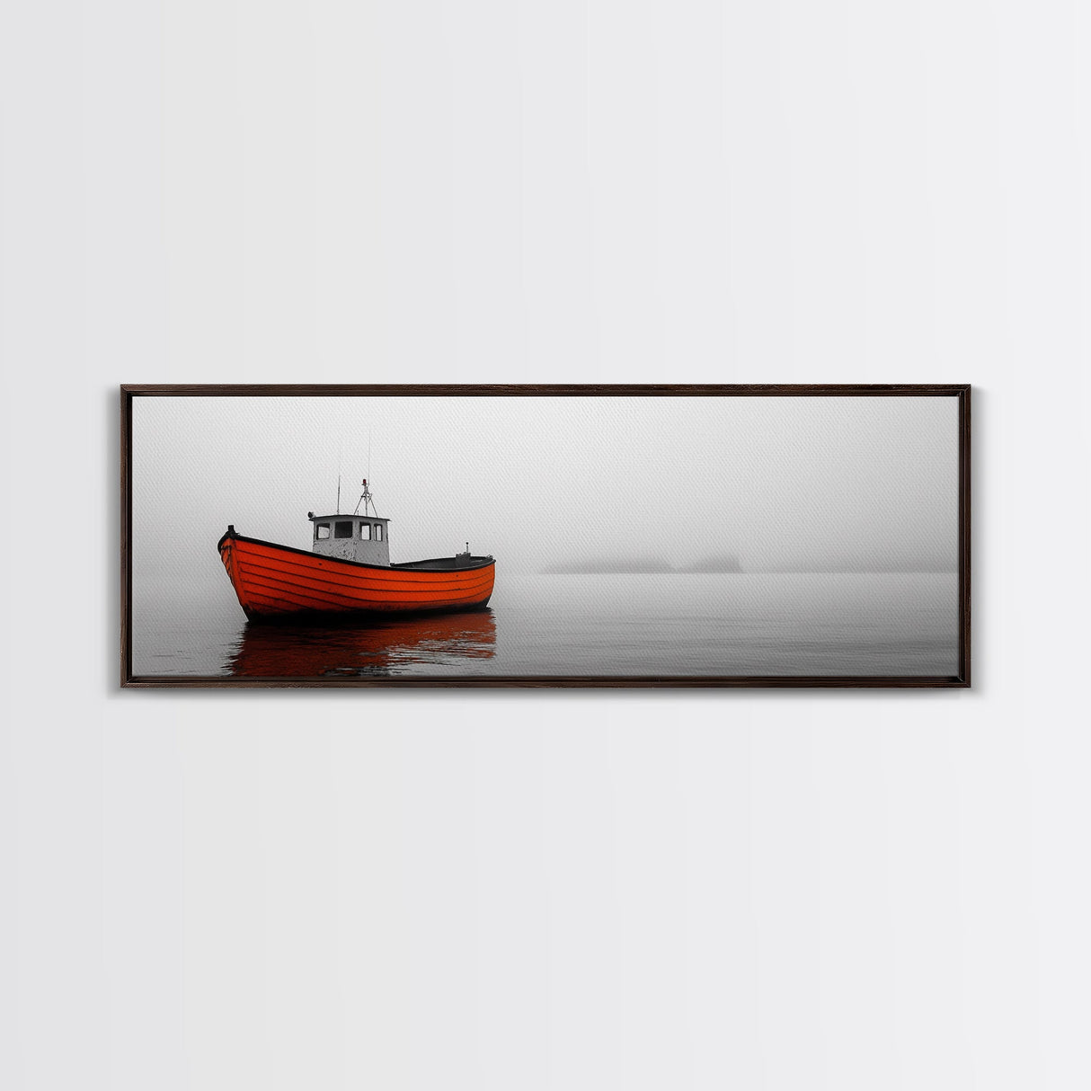 Orange Boat, Ocean Mist, Foggy Seascape, Calm Waters, Framed Canvas Print, Minimalist Nautical Art, Peaceful Wall Decor for Bedroom