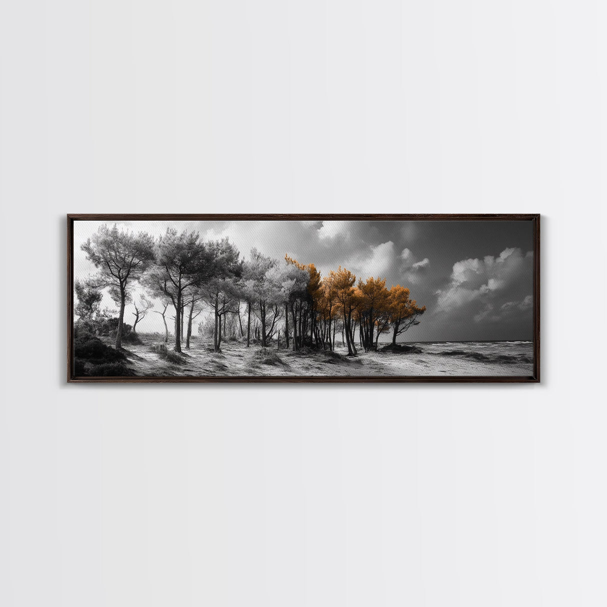 Autumn Forest Trees, Windswept Pine Grove, Beachside View, Framed Canvas Print, Fall Wall Art, Entryway Decor, Minimalist Style