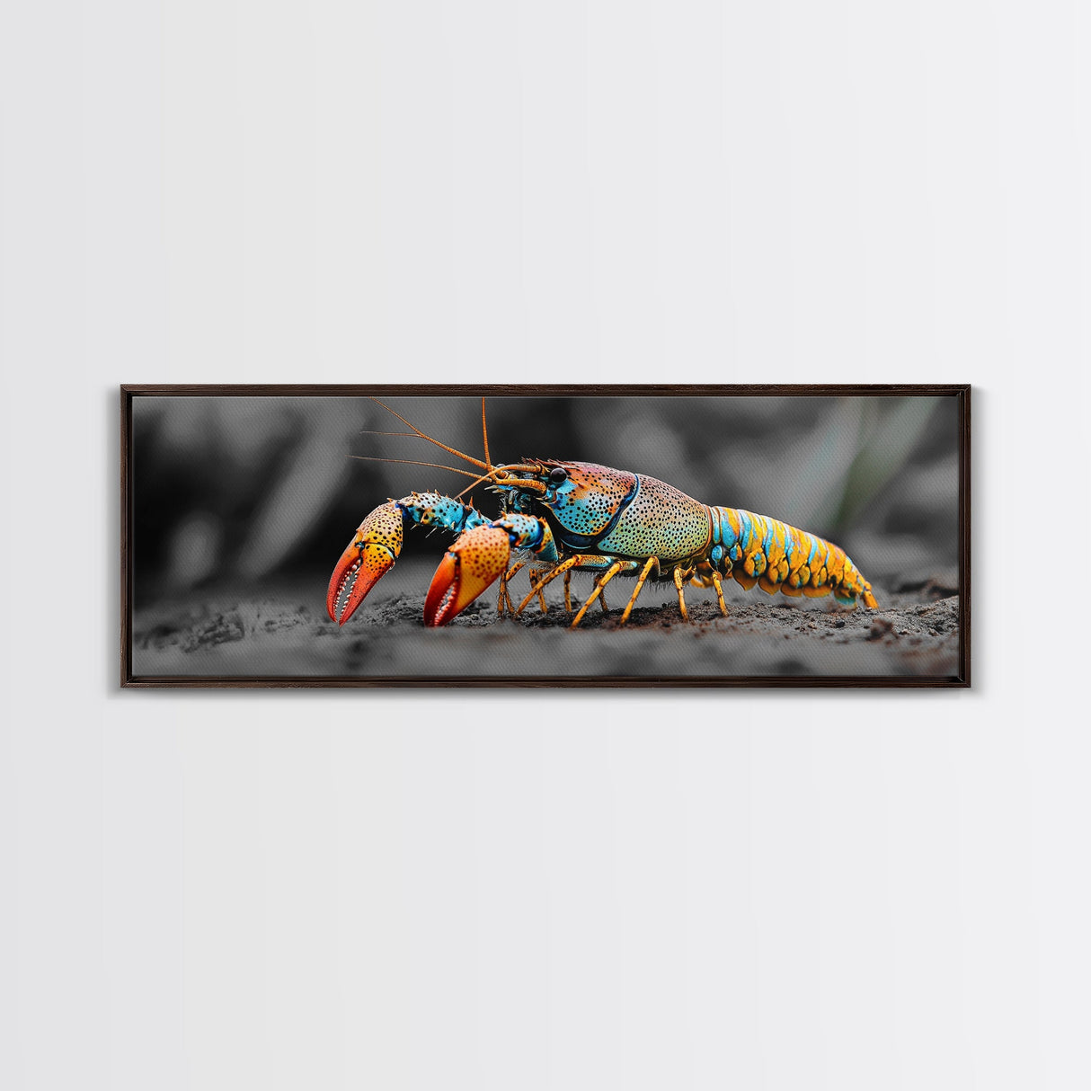 Rainbow Lobster Macro, Exotic Crustacean Art, Vivid Ocean Creature, Framed Canvas Print, Kitchen Wall Art, Coastal Nature Decor