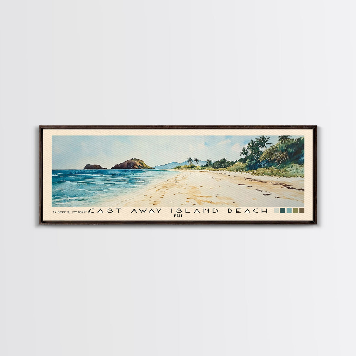 Cast Away Island Beach, Fiji Watercolor Print, Vacation Gift, Fiji Wall Art, Beach Painting, Beach Decor, Large Wall Art, Wood Frame Art