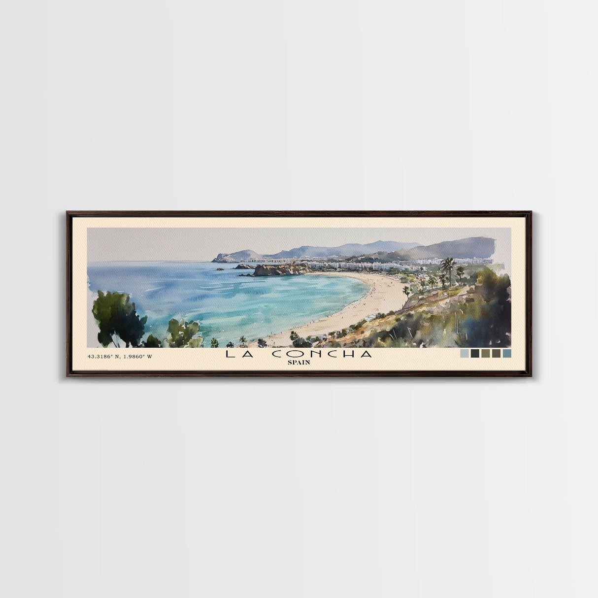 La Concha, Spain Watercolor Print, Vacation Gift, Spain Wall Art, Beach Painting, Beach Decor, Large Wall Art, Wood Frame Art