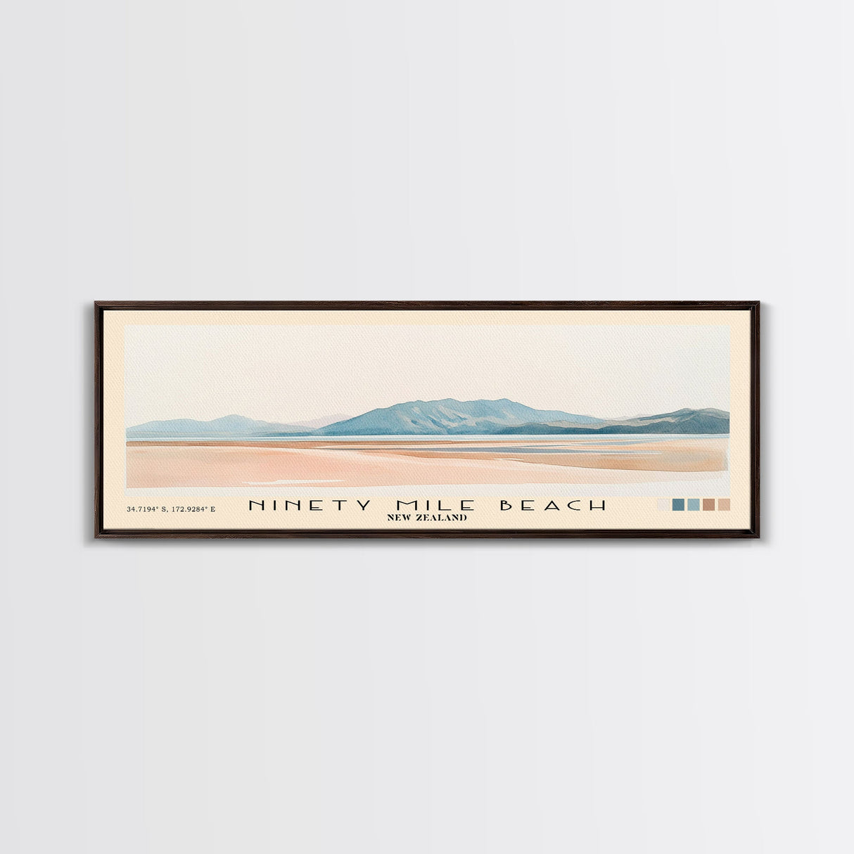 Ninety Mile Beach, New Zealand Watercolor Print, Vacation Gift, New Zealand Wall Art, Beach Painting, Beach Decor, Large Wall Art, Wood Frame Art