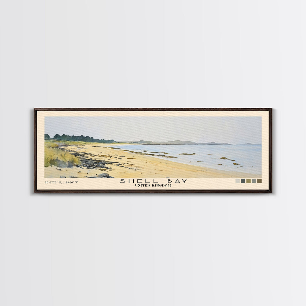 Shell Bay, United Kingdom Watercolor Beach Print, Vacation Gift, United Kingdom Wall Art, Framed Canvas Print, Framed Beach Painting