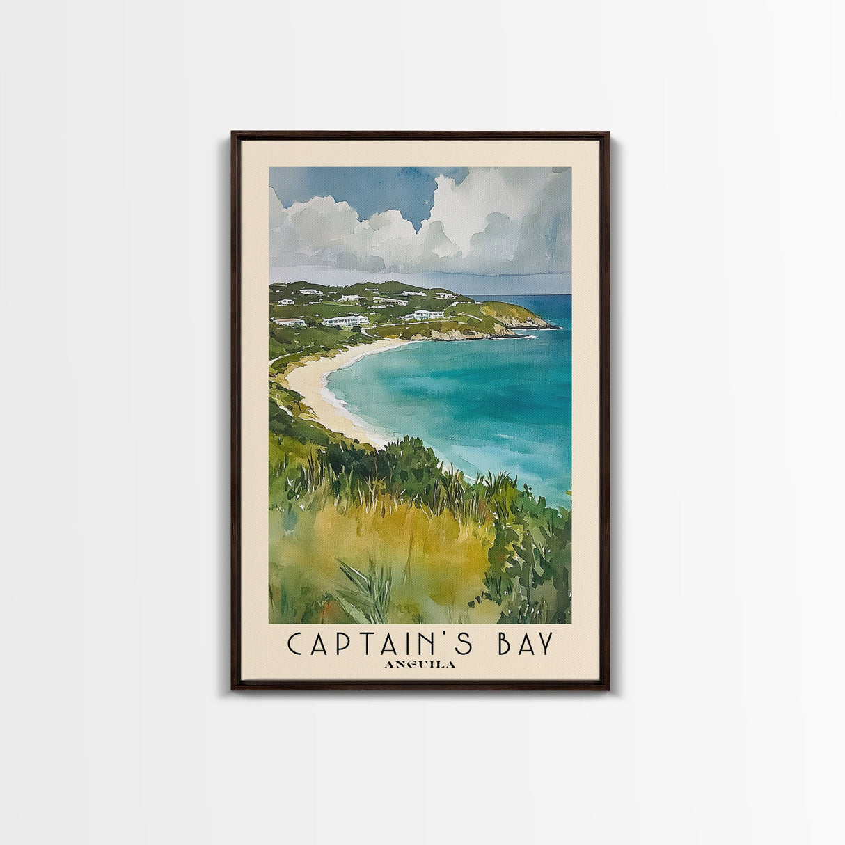 Captain's Bay, Anguila Watercolor Print, Vacation Gift, Anguila Wall Art, Beach Painting, Beach Decor, Large Wall Art, Wood Frame Art